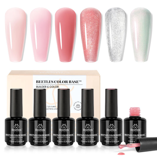 Beetles Rubber Base Gel nude pink bottles show natural finish and smooth flow.