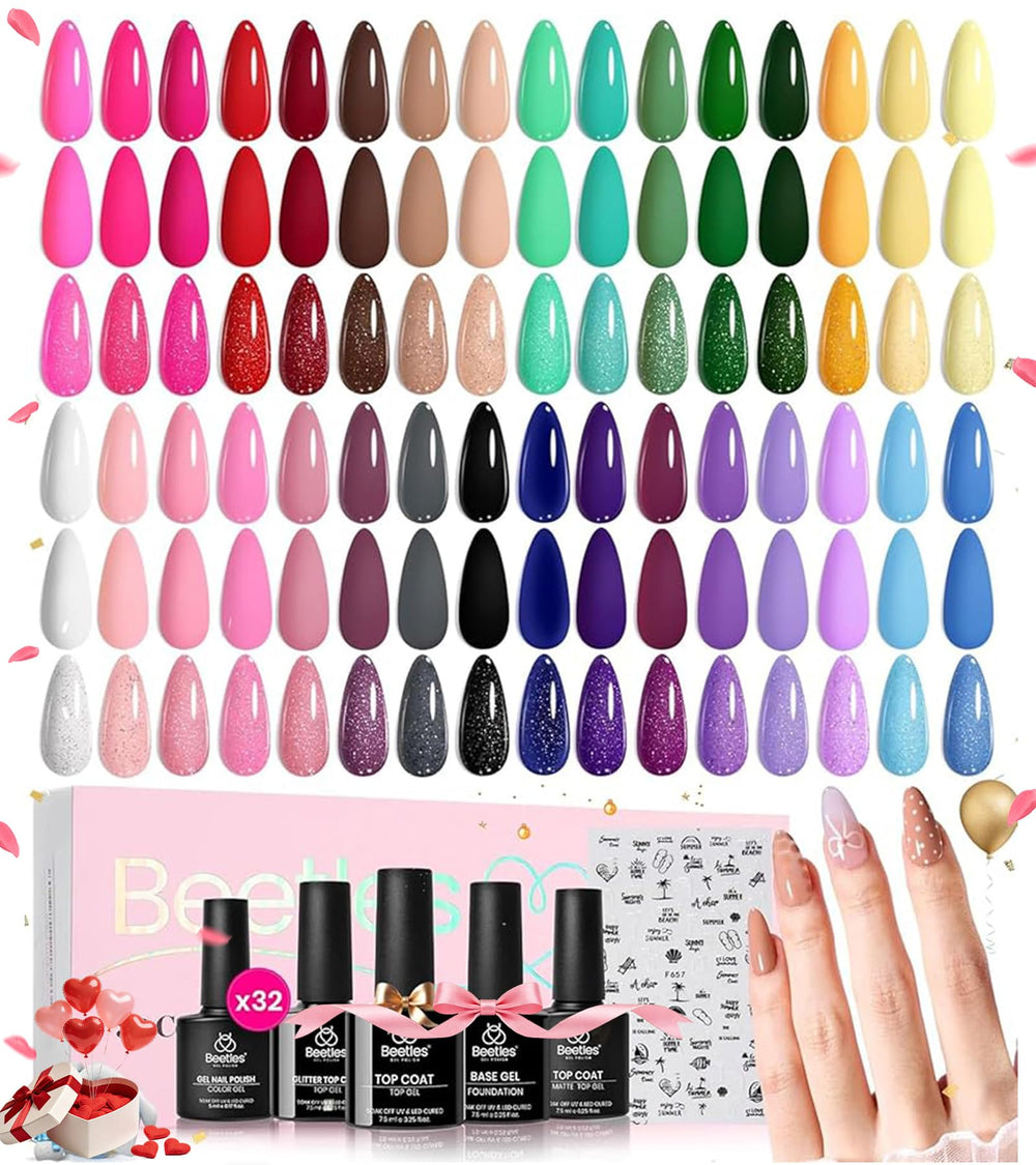 Beetles Spring Gel Polish Set swatches show 32 vibrant colors for creative nail art.
