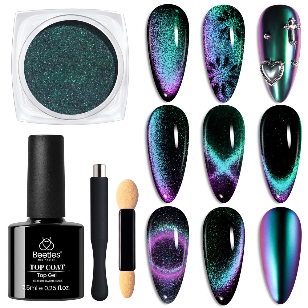 Beetles teal cat-eye nail powder jar for chrome-like shine