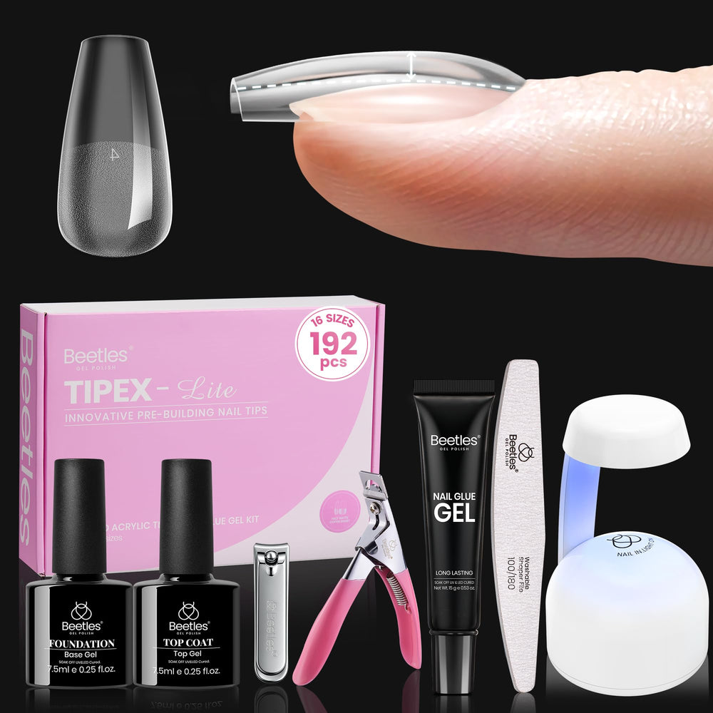 Beetles Tipex Lite apex nail tips kit showing natural-looking extensions