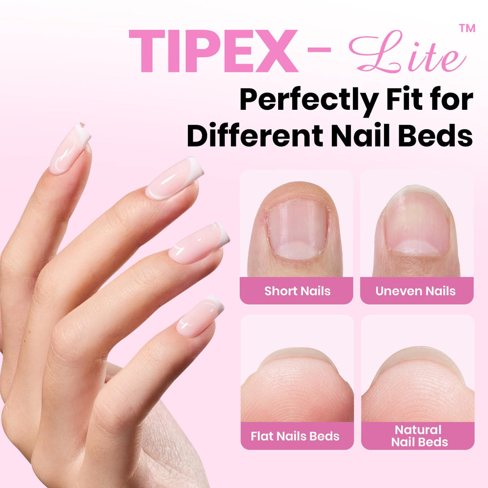 Beetles Tipex Lite UV glue base top coat kit seals tips for lasting salon-style results.