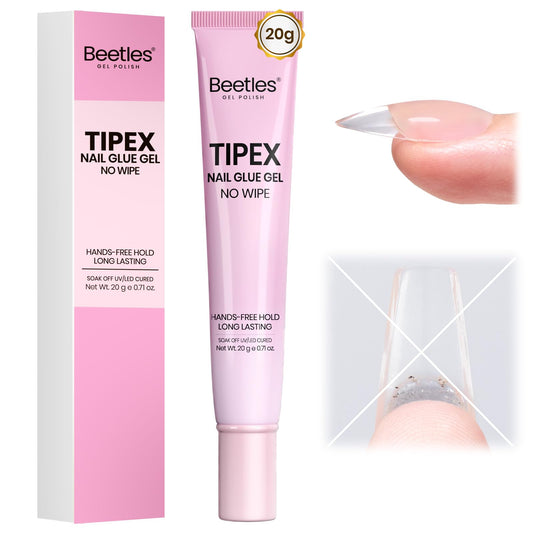 Beetles Tipex Nail Glue Gel bottle closeup highlighting no-wipe formula for faster tips