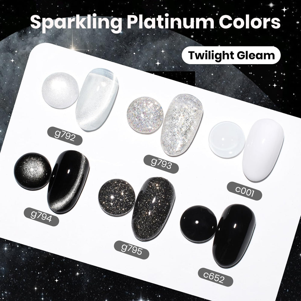 Beetles Twilight Gleam color swatches with black white and glitter shades