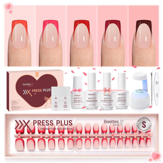 Beetles X Press Plus Red French Tip nails in crimson close-up for at-home manicure