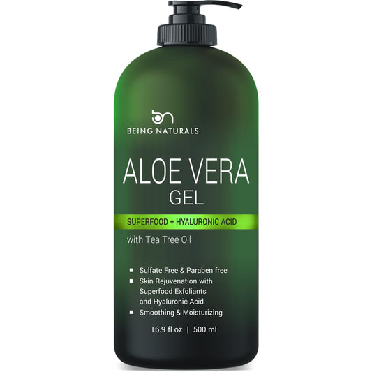 Being Naturals Aloe Vera Gel bottle pour shows quick absorption and non-greasy hydration.