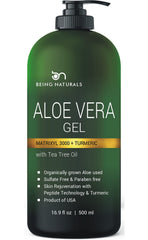 Being Naturals Aloe Vera Gel bottle showing pure multi-use hydration for face, body, and hair