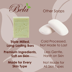 BELA Goat Milk Honey soap bar in a bathroom scene with soft fragrance.