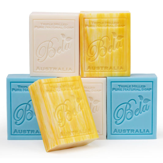 BELA Goat Milk Original soap bar on a wooden tray, ideal for gentle daily cleansing.