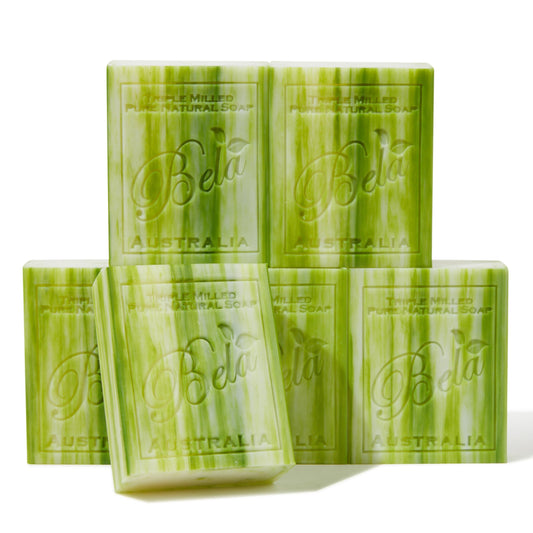 BELA soap close-up showing olive oil and cocoa butter for a refreshing cleanse