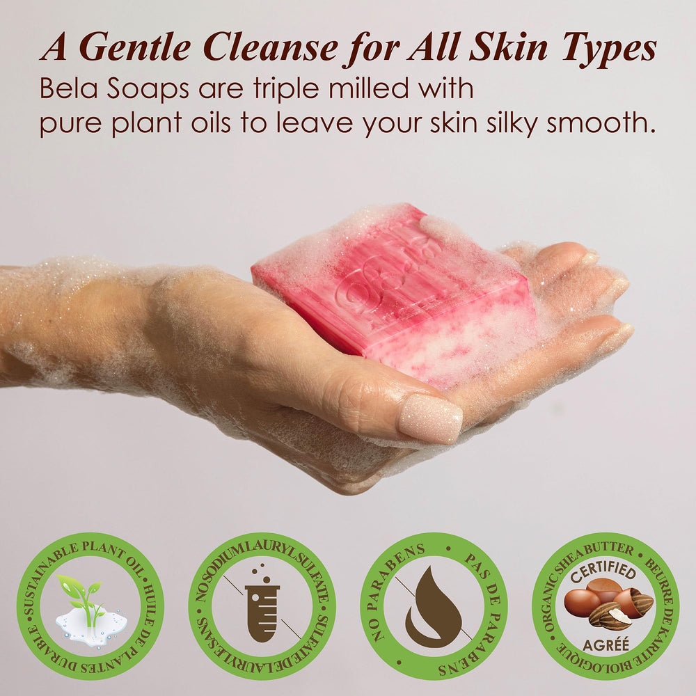 BELA Pomegranate Soap lather in use, creamy texture on skin