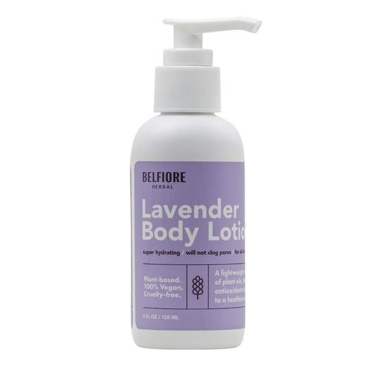 Belfiore Herbal lavender body lotion bottle with pump for quick, non-greasy hydration.