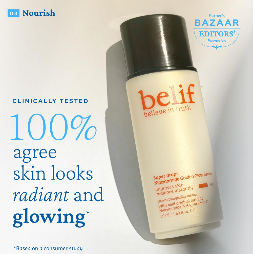 belif Gift Set visual demonstrates a simple three-step routine for glow