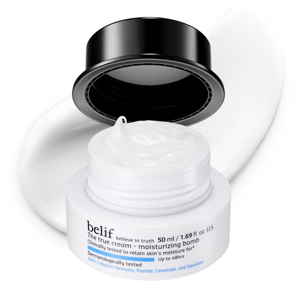 Belif Moisturizing Bomb jar close-up showing milky texture for deep hydration.