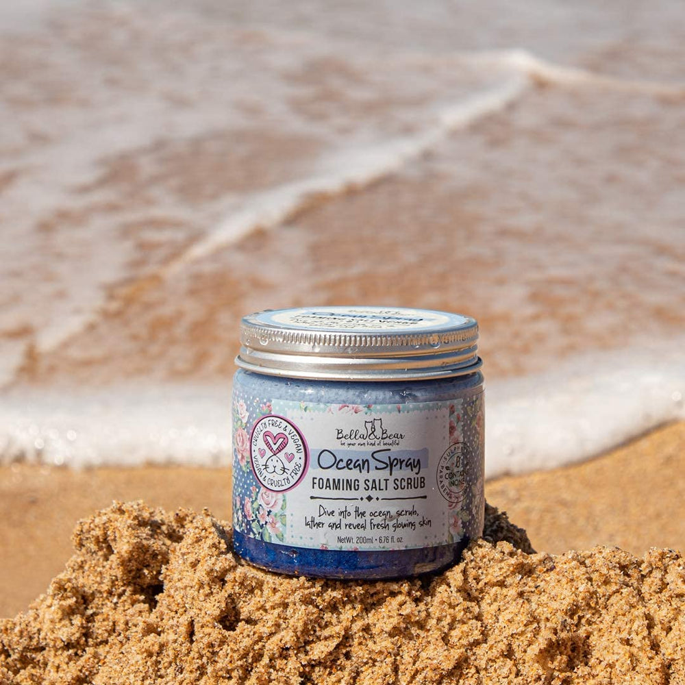 Bella & Bear Ocean Spray Scrub label highlights no sulfates and no parabens