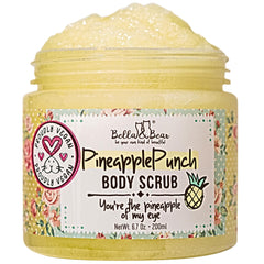 Bella and Bear pineapple body scrub jar with label, ready for gentle exfoliation.