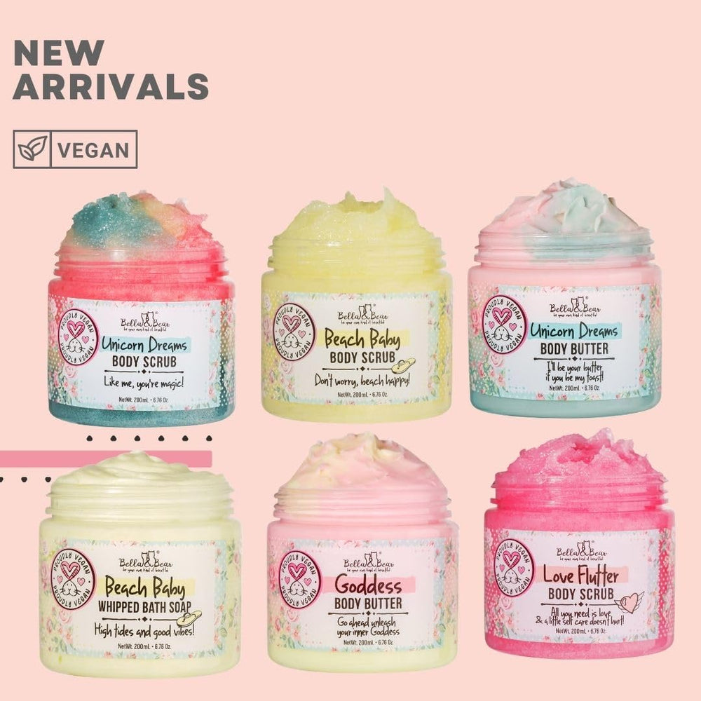Pouring Bella & Bear Unicorn Dream Body Scrub reveals scrub texture and scent.