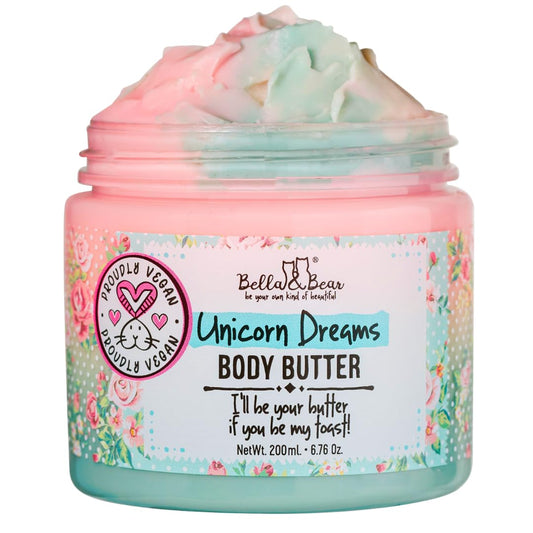 Bella & Bear Unicorn Dreams Body Butter jar shows rich hydration for dry skin.