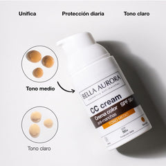 Bella Aurora CC Cream Medium color-adapt tint swatches blending into skin.