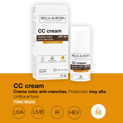 Bella Aurora CC Cream Medium bottle back showing SPF50+ and usage notes.