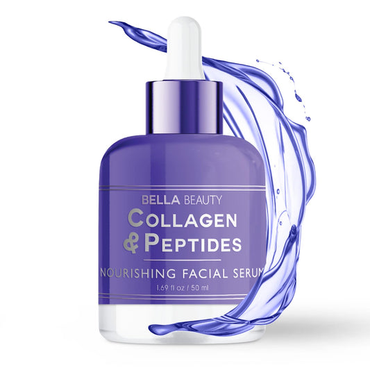 Bella Beauty Collagen & Peptides Serum bottle close-up for hydrated, glowing skin.
