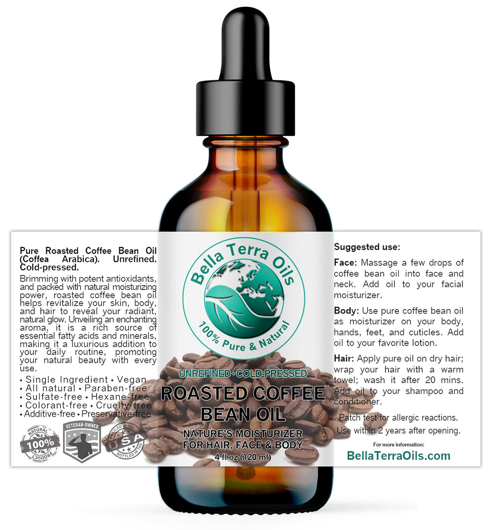 Bella Terra Oils aromatic coffee oil close-up, inviting scent and smoothing skin texture.