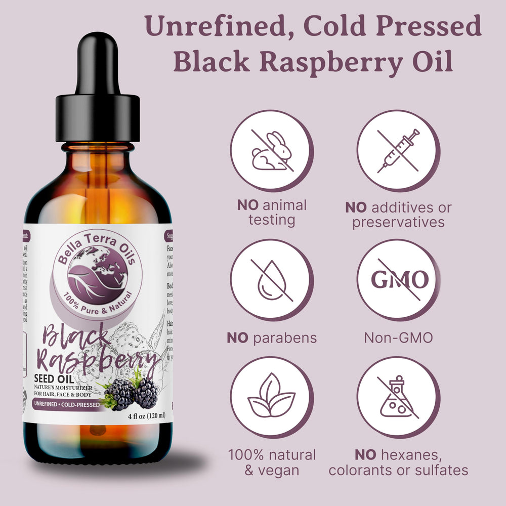 Bella Terra Oils bottle with label close-up shows premium cold-pressed blend