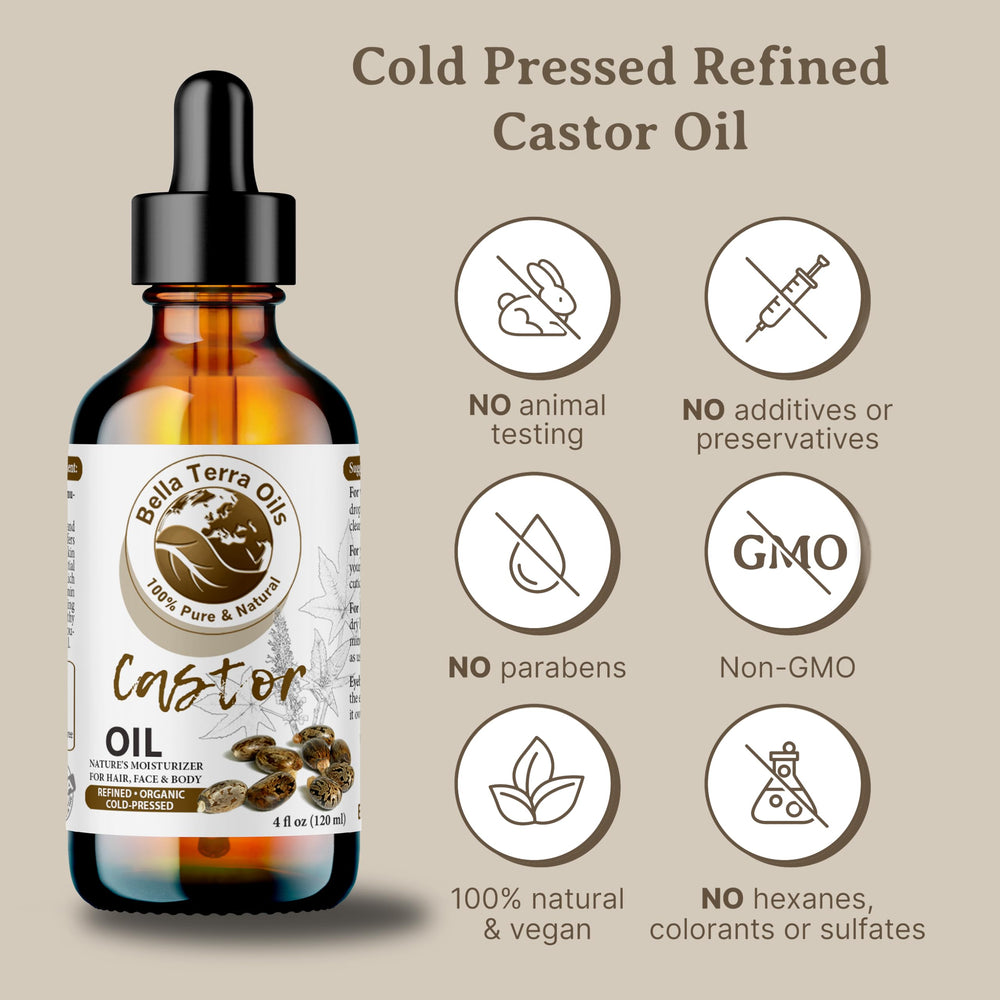 Bella Terra Oils castor oil bottle promoting natural shine and smoothness in hair.
