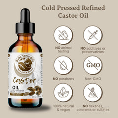 Bella Terra Oils castor oil bottle promoting natural shine and smoothness in hair.
