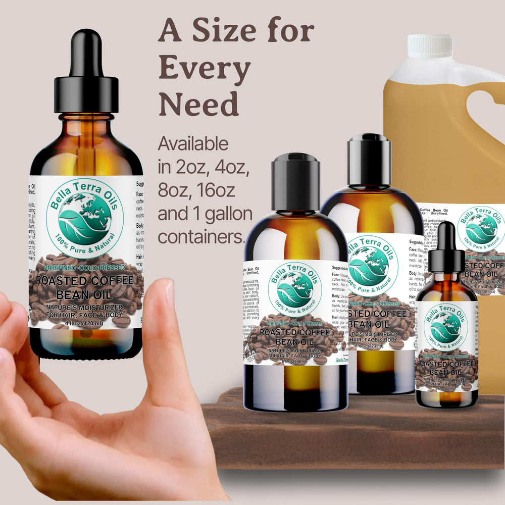 Bella Terra Oils 4 oz coffee oil bottle, convenient skincare ingredient.