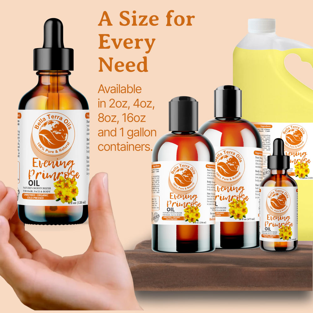 Bella Terra Oils Evening Primrose Oil Routine, versatile for skin and hair care.
