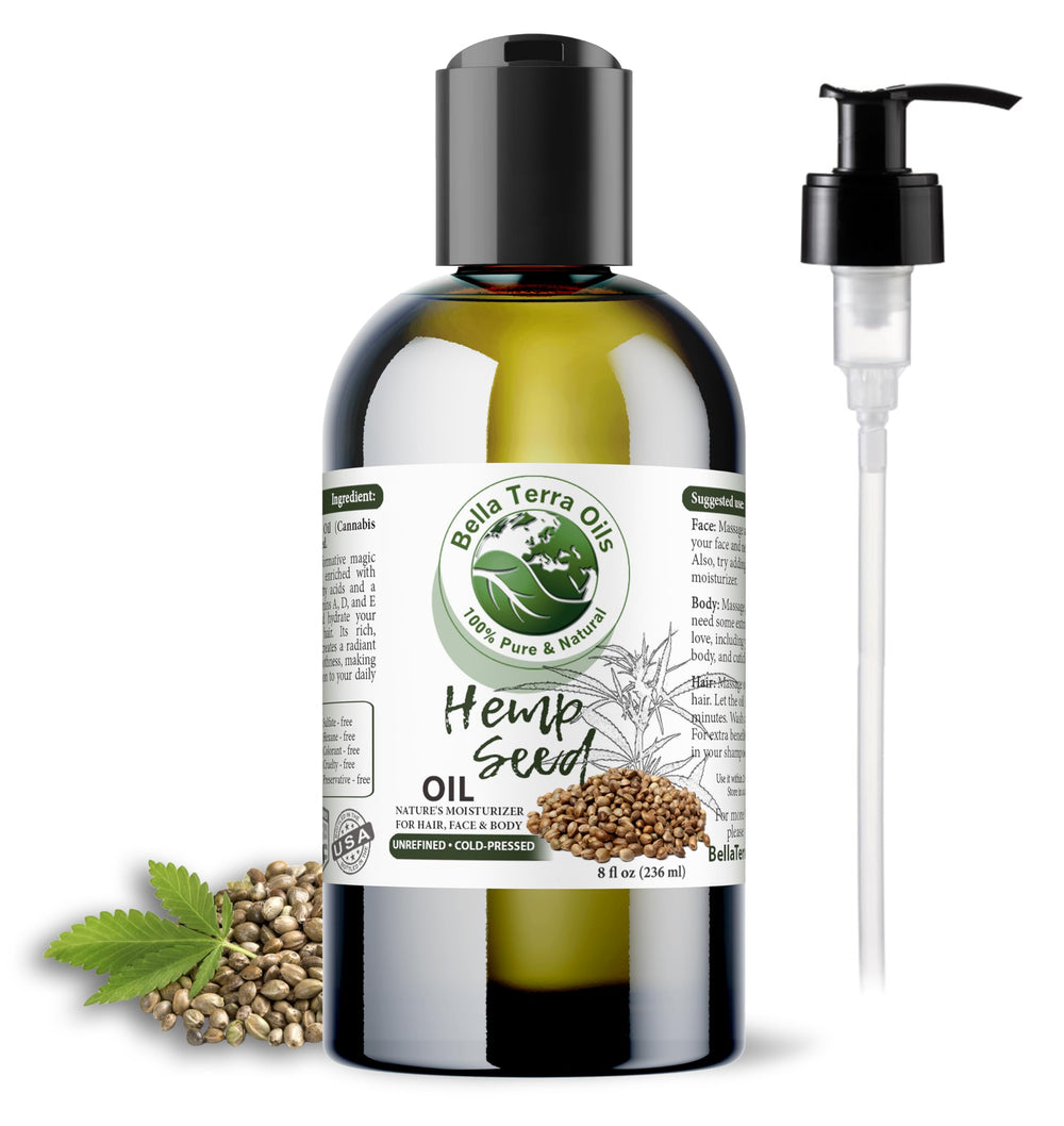 Bella Terra Oils hemp seed oil 8oz bottle for lightweight skin and hair hydration.