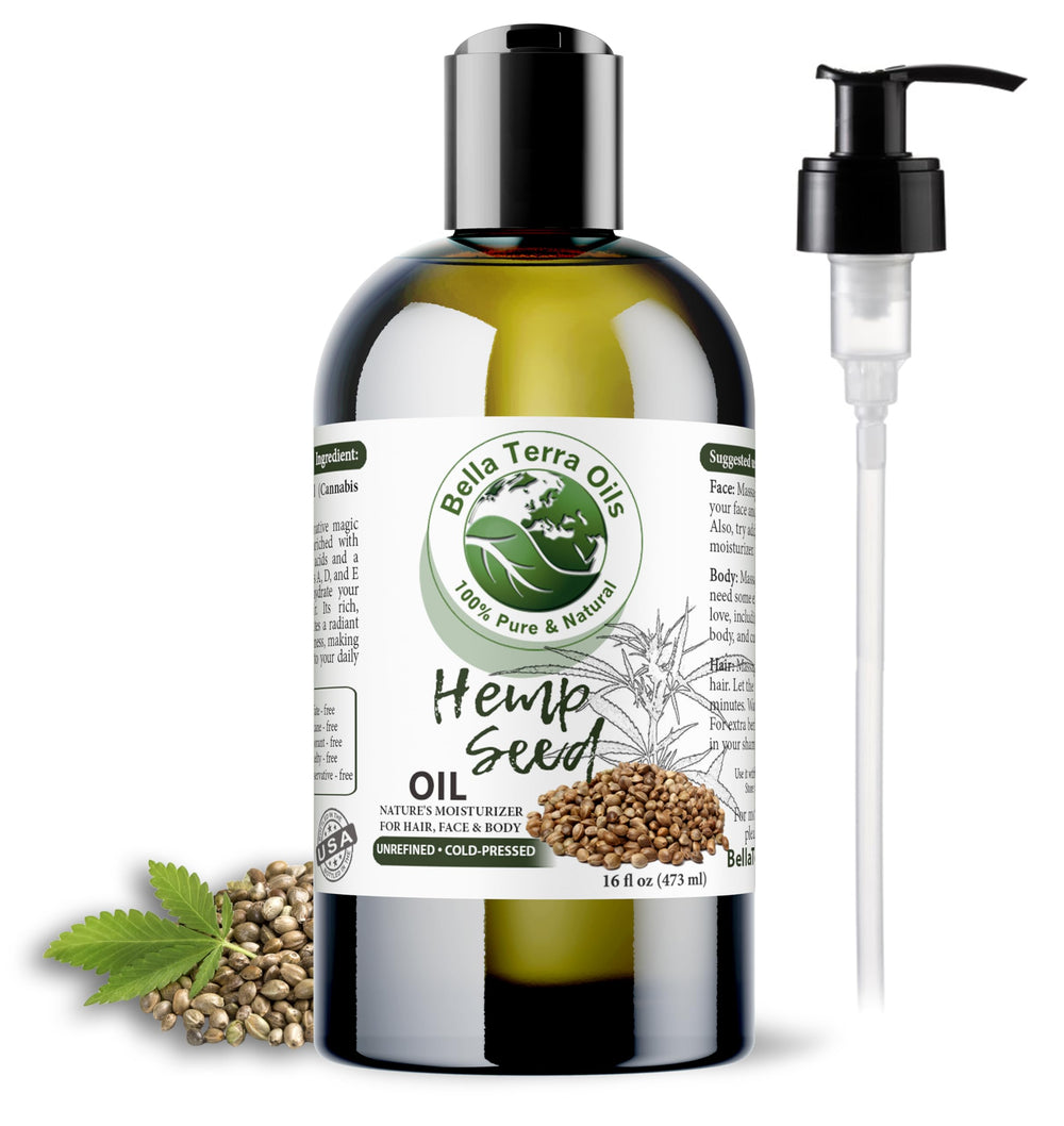 Bella Terra Oils hemp seed oil bottle showcases pure, nutrient-rich formula for skin and hair care.