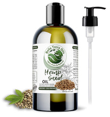Bella Terra Oils hemp seed oil bottle showcases pure, nutrient-rich formula for skin and hair care.