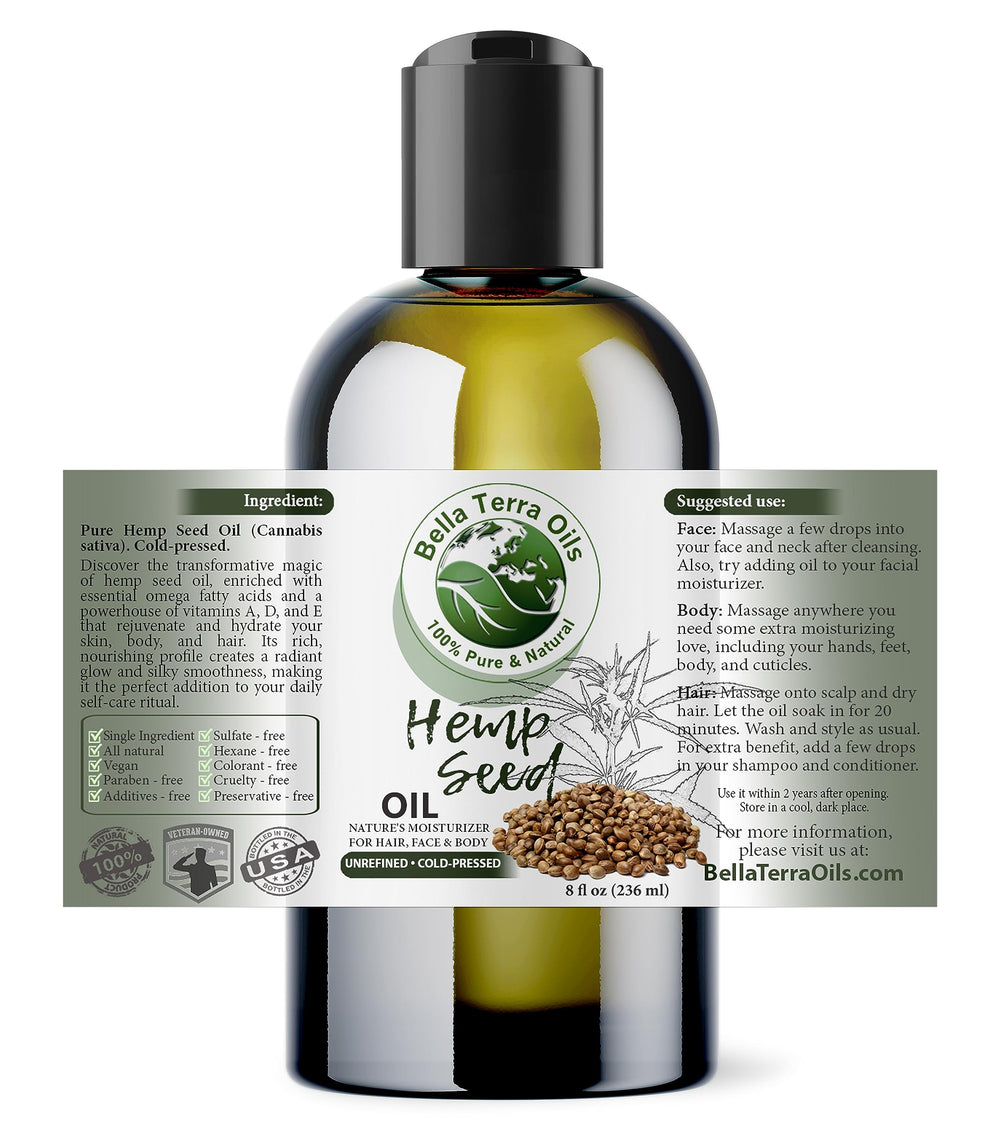 Bella Terra Oils hemp seed oil pour bottle showing smooth texture for daily use.
