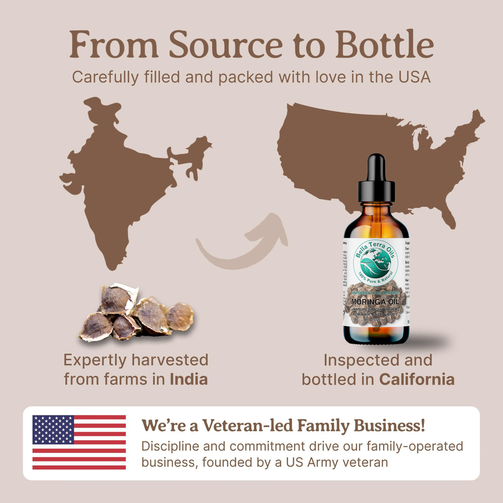 Bella Terra Oils Moringa Seed Oil supports hair care and shine.