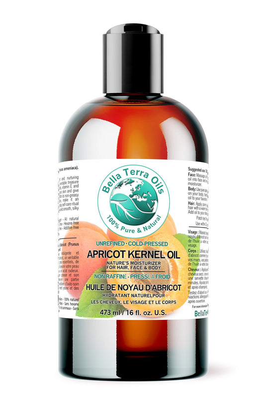 Bella Terra Oils Organic Apricot Kernel Oil 16 oz bottle for pure, cold-pressed skincare base