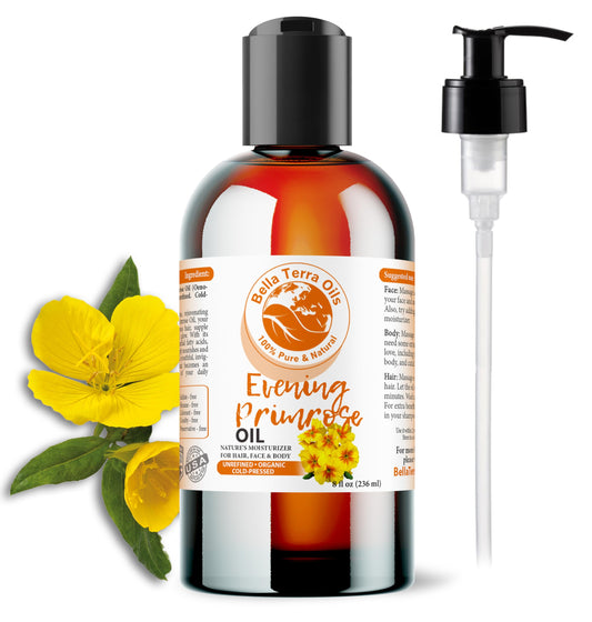 Bella Terra Oils Organic Evening Primrose Oil bottle, ideal for skin nourishment.