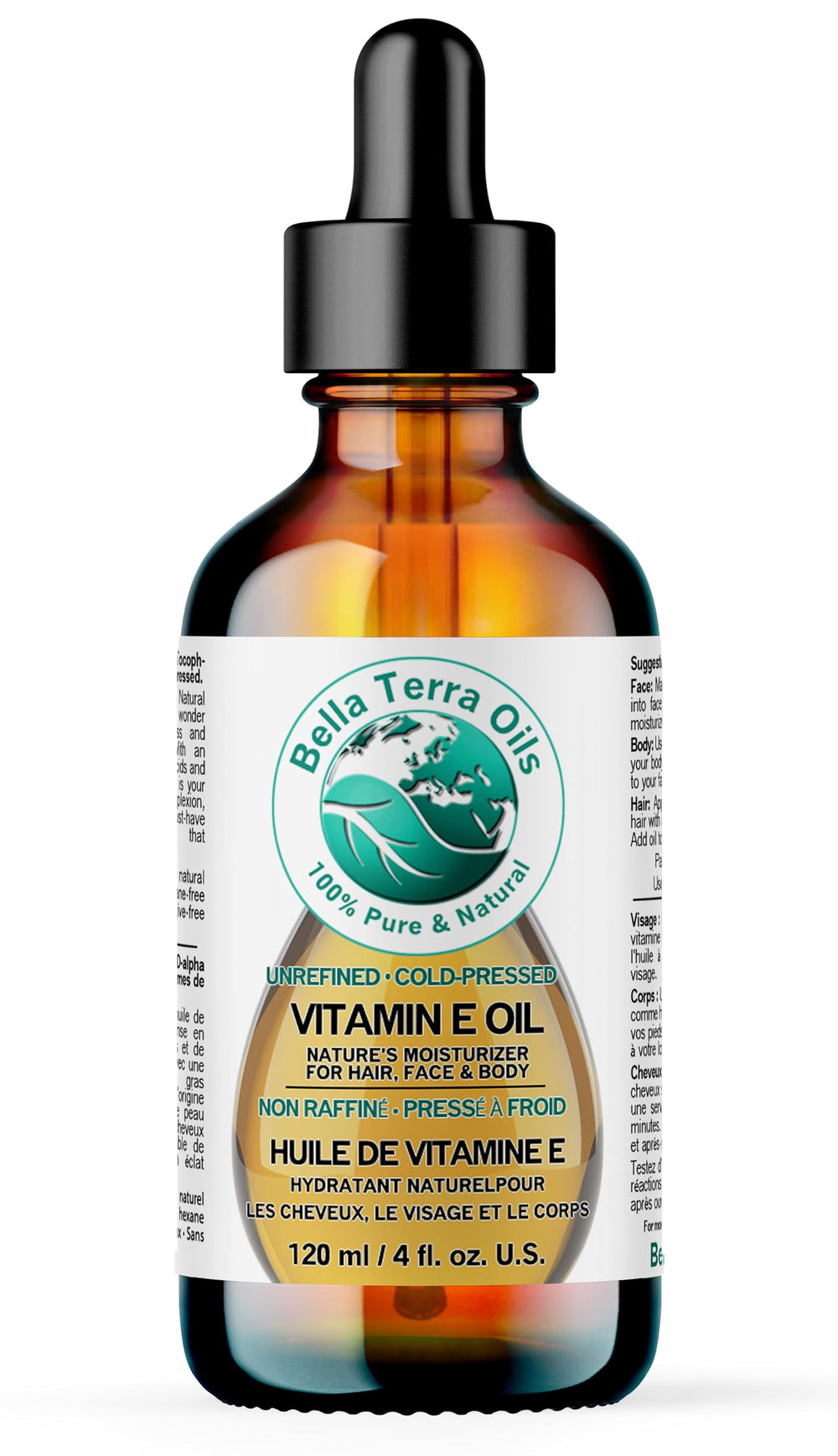 Bella Terra Oils Organic Vitamin E Oil 4 oz bottle for facial and body nourishment