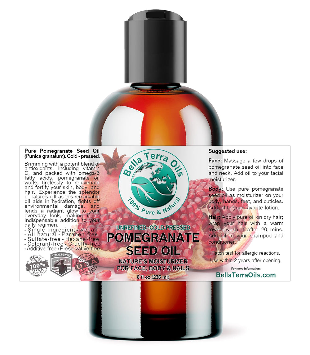 Bella Terra Oils Pomegranate Seed Oil pour showing smooth texture for quick absorption