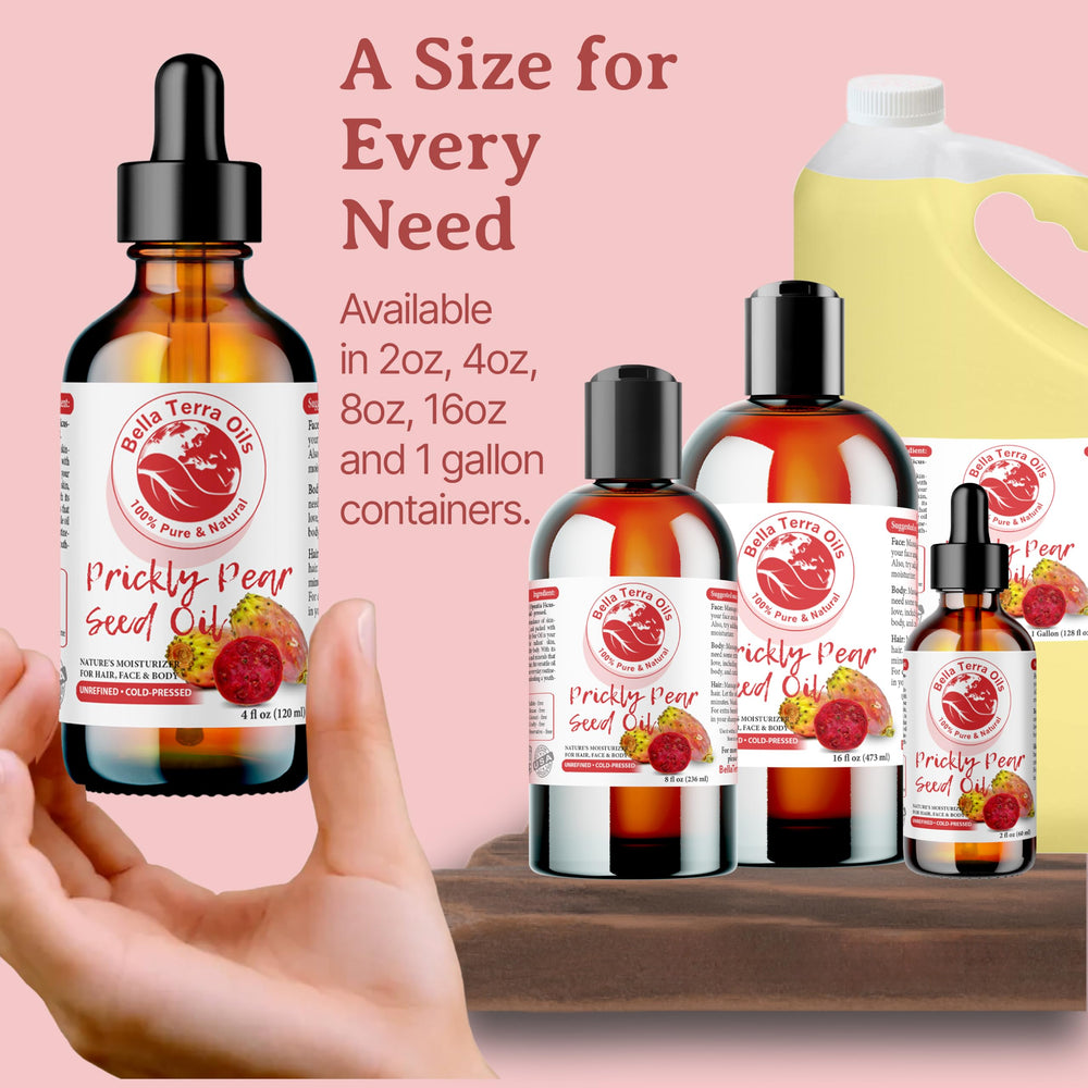 Bella Terra Oils prickly pear seed oil vial on counter for daily care.