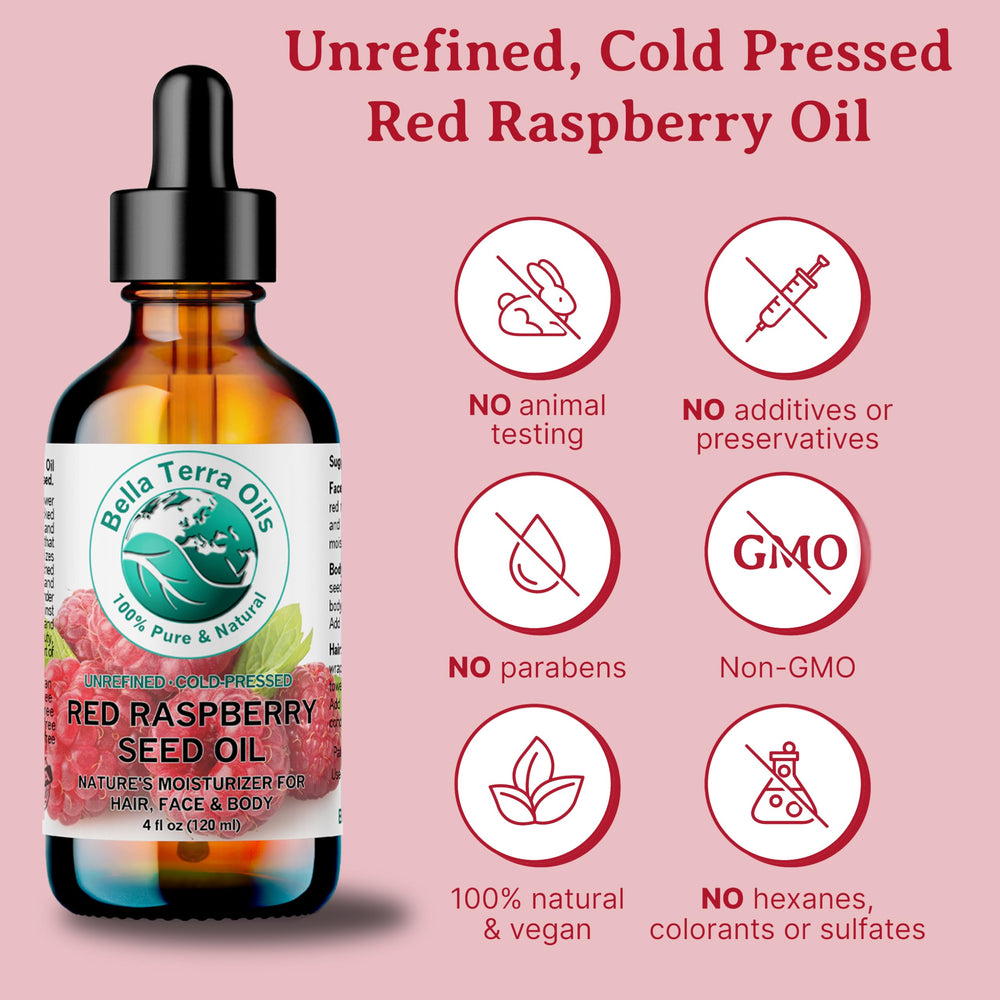 Bella Terra Oils amber glass bottle close-up highlighting premium cold-pressed oil