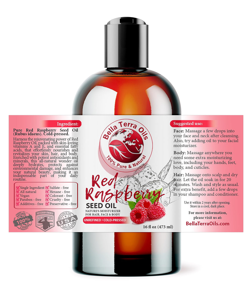 Bella Terra Oils Red Raspberry Seed Oil pour with dropper for easy skin care.