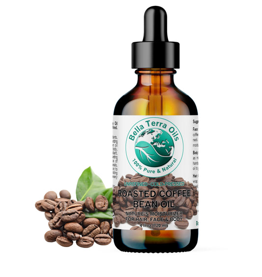 Bella Terra Oils roasted coffee bean oil bottle, rich aroma for a luxurious skincare ritual.