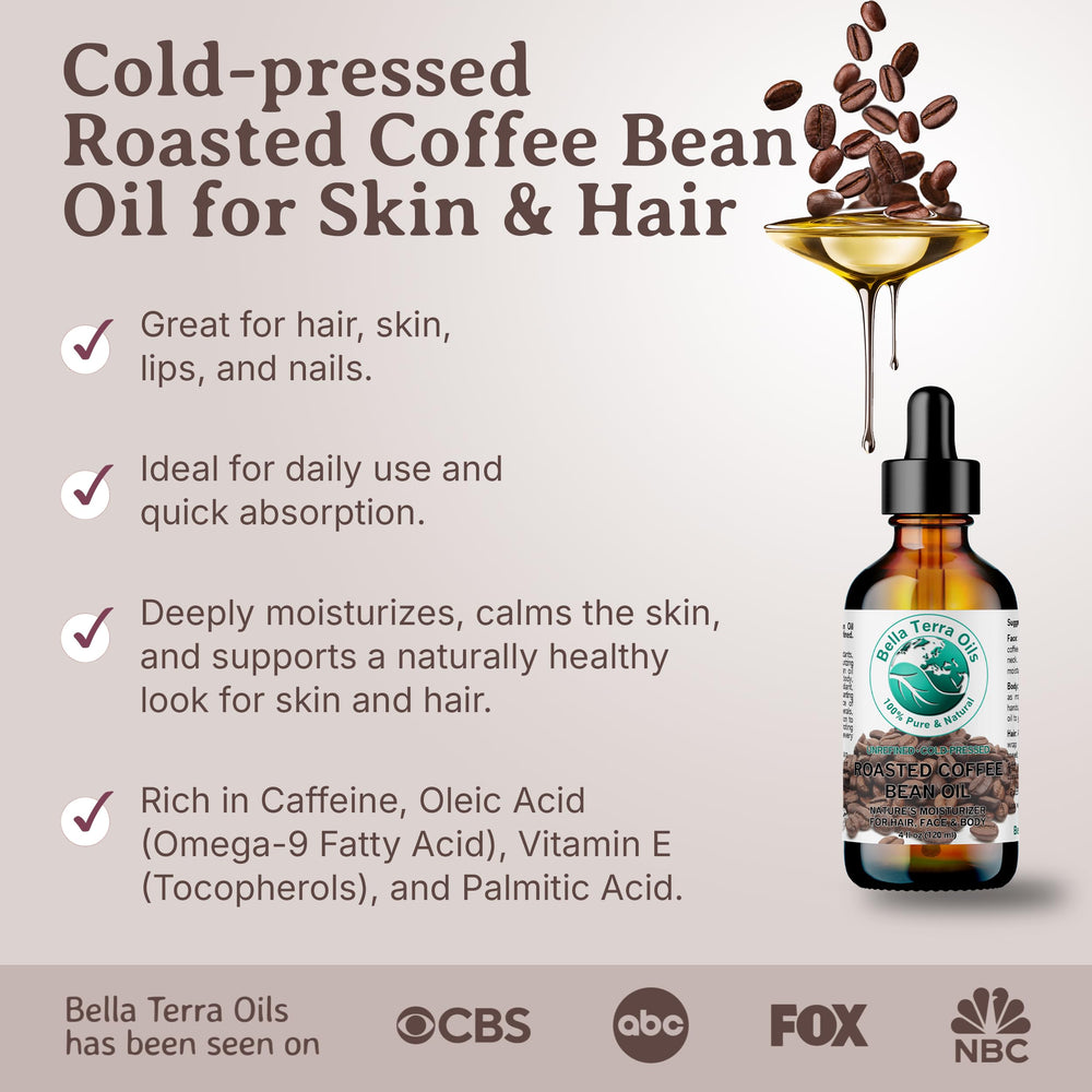Bella Terra Oils vitamin E coffee oil droplets, suggests a radiant, refreshed complexion.