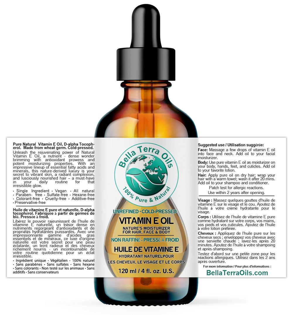 Dropper of Bella Terra Oils vitamin E oil ideal for targeted skin nourishment
