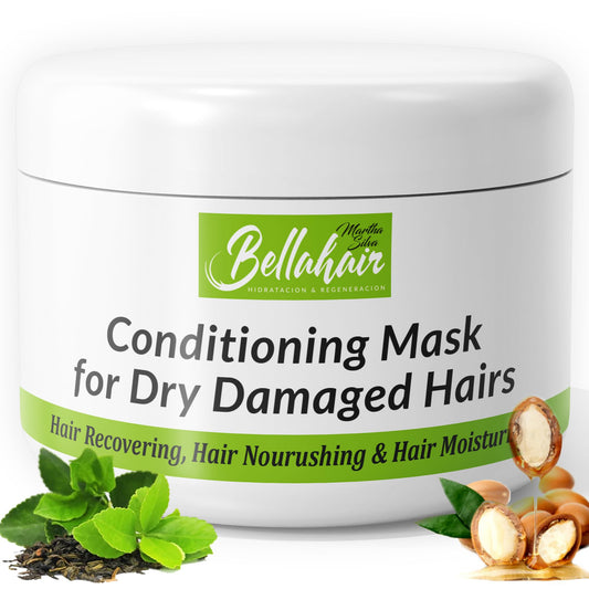 Bellahair Hydrating Mask bottle close-up showing deep conditioning benefits.