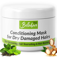 Bellahair Hydrating Mask bottle close-up showing deep conditioning benefits.