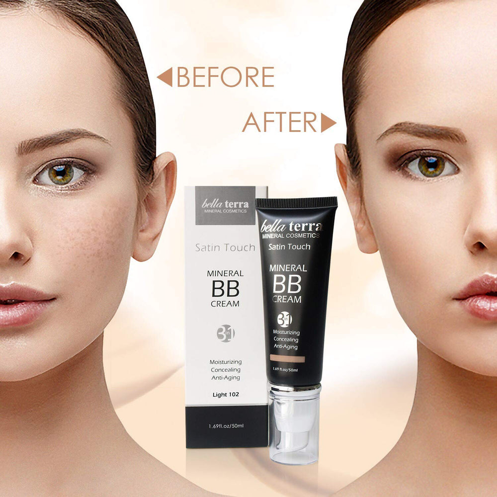 Bellaterra BB Cream Light 102 color swatches illustrate buildable sheer to medium coverage.