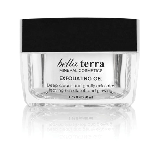 Bellaterra Cosmetics Mineral Exfoliating Gel packaging on a clean vanity promotes an easy skincare routine.