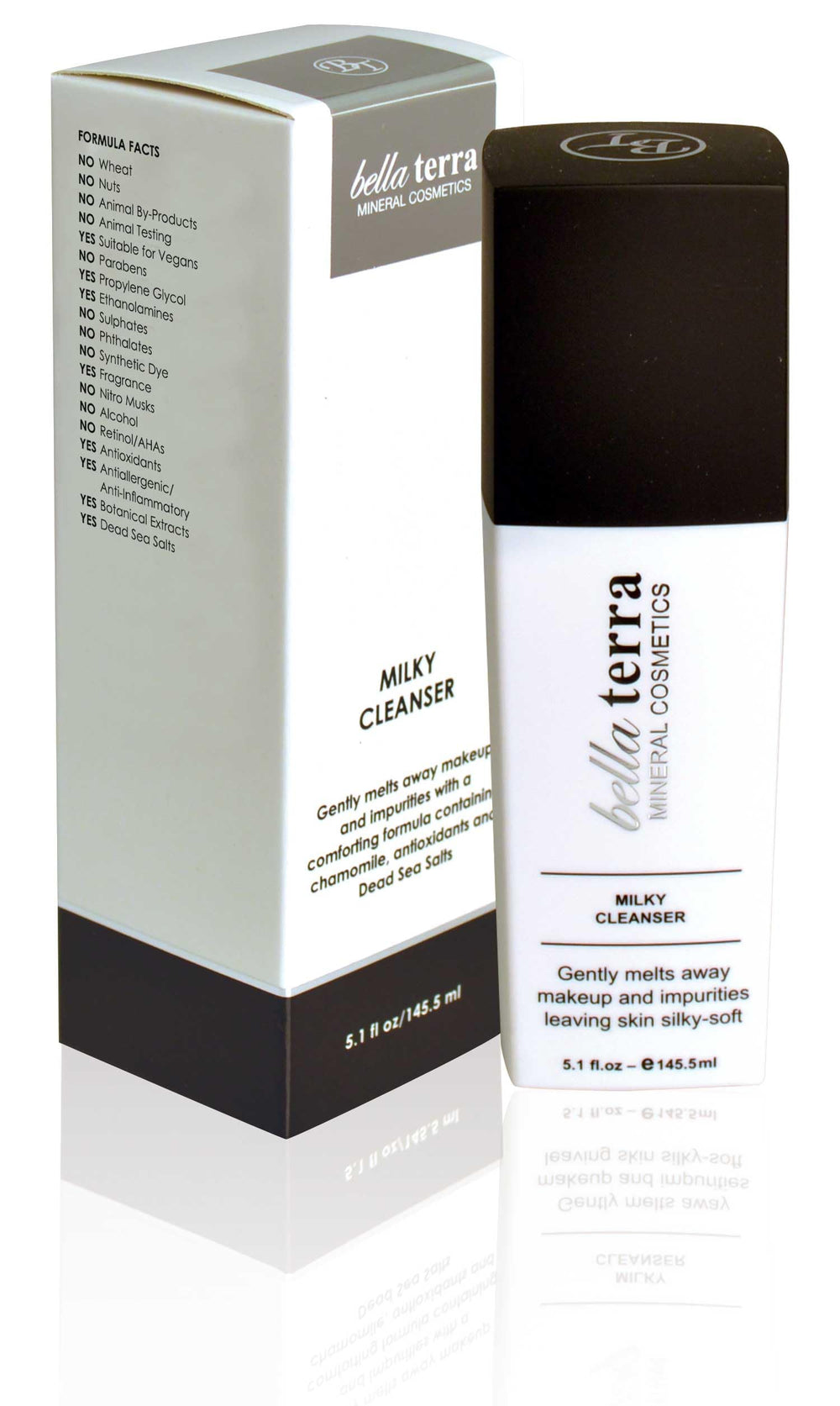 Bellaterra Milky Cleanser texture close-up suggests creamy, non-foaming formula for sensitive skin.
